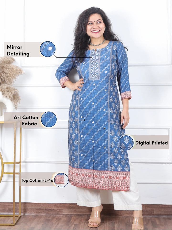 Kranti Cerulean Blue All over Mirror Work Printed Art Cotton Kurti