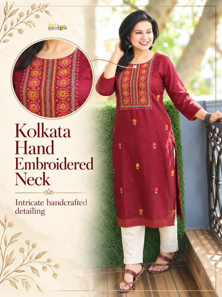 Shristhi Maroon Red Kolkata Hand Embroidered Cotton Kurti