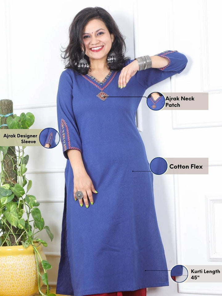 Khawb Galaxy Blue V Neck Lace With Thread Work Cotton Flex Kurti