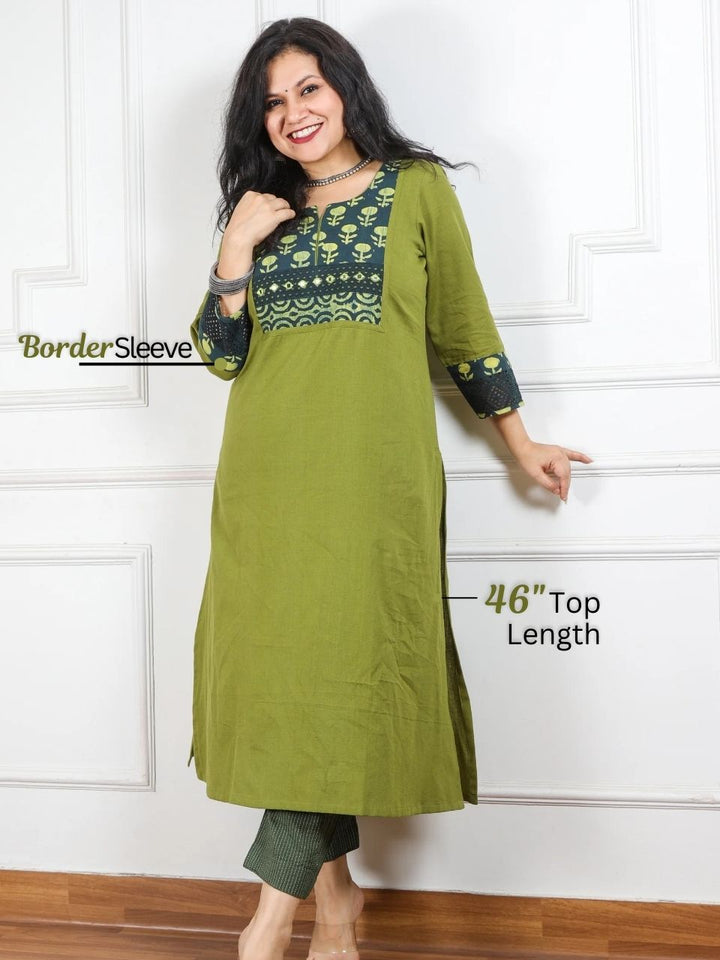 Hanniyaan Mehendi Green Dabu Neck Patch Work Cotton Flex Kurti