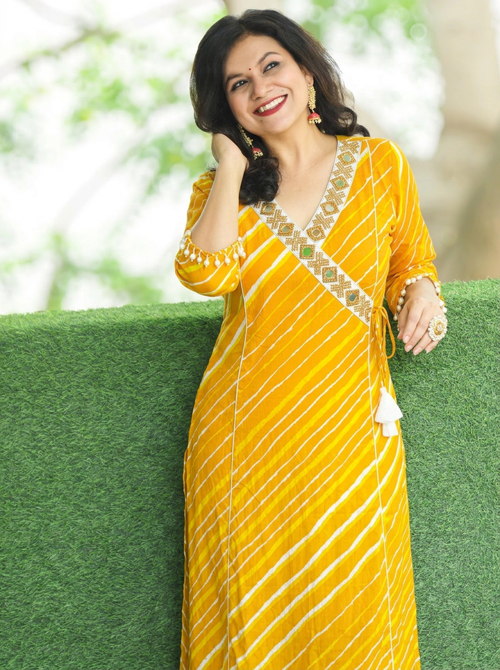 Lehar Sunflower Yellow Panel Style Leheriye Cotton Kurti