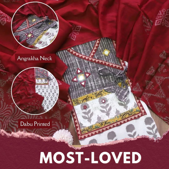 Kakaswi Ivory Beige Angrakha Kutch Neck Work Printed Cotton Suit Set