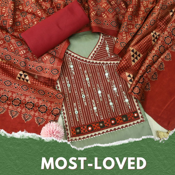 Noor Olive Green Glazed Cotton Top and Digital Printed Mashru Dupatta