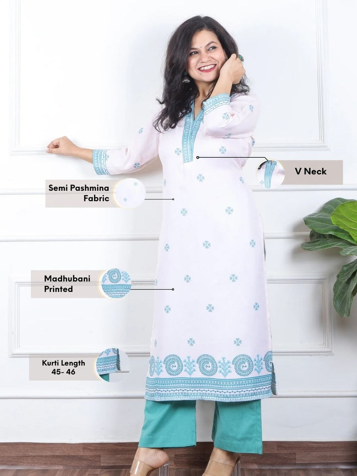 निकुंज White with Blue Madhubani Print V Neck Semi Pashmina Winter Kurti