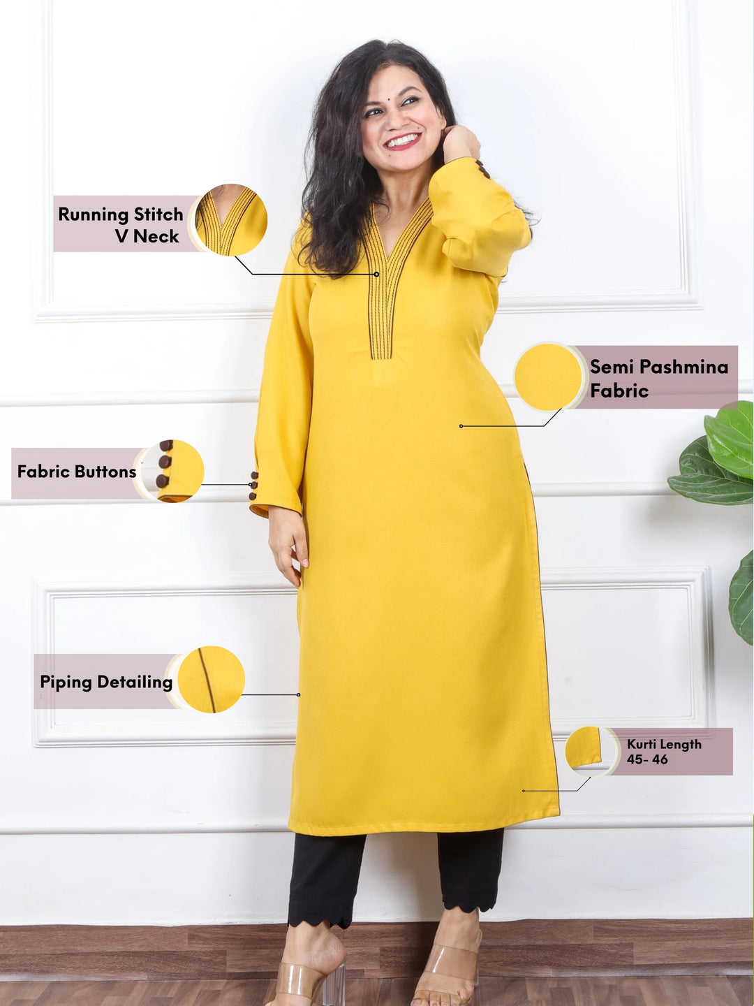 इश्किया Sunshine Yellow Running Thread Neck Work Semi Pashmina Winter Kurti