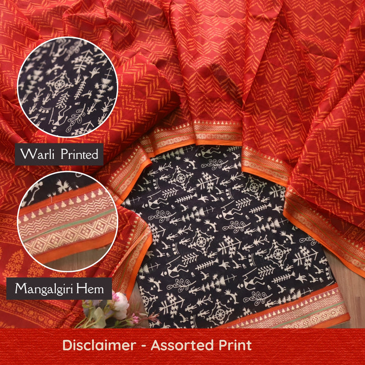 Zinat Ebony Black  Warli Printed in Mangalgiri Hem Work Cotton Suit Set-D2