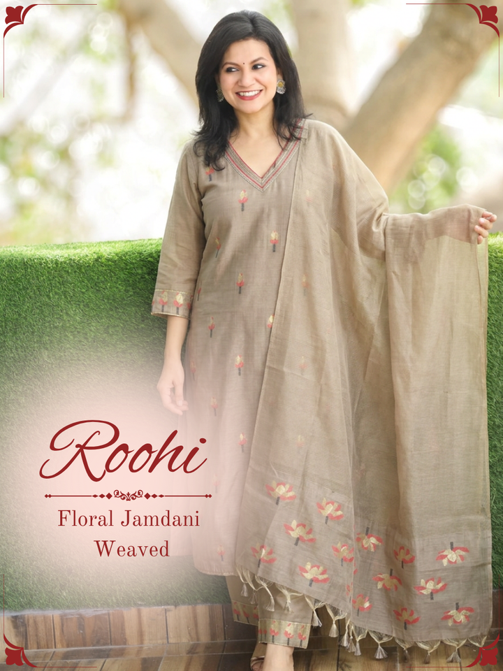 Roohi Khaki Tan Floral jamdani Weaved 3 PIece Set