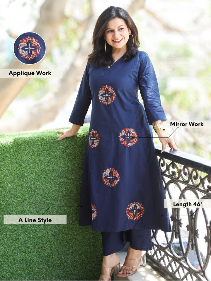 Chanda Royal Blue V Neck Applique Work with Mirror Cotton Co-Ord Set
