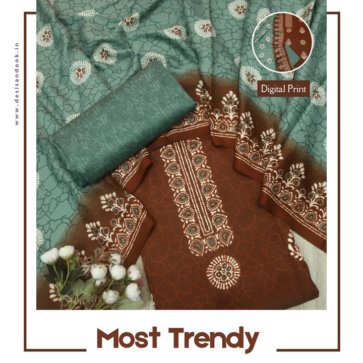 Farida Deep Chocolate Brown Digital Print Semi Pashmina Winter Suit Set