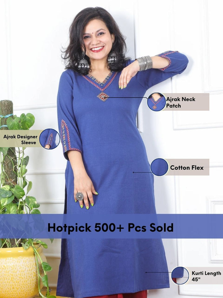 Khawb Galaxy Blue V Neck Lace With Thread Work Cotton Flex Kurti