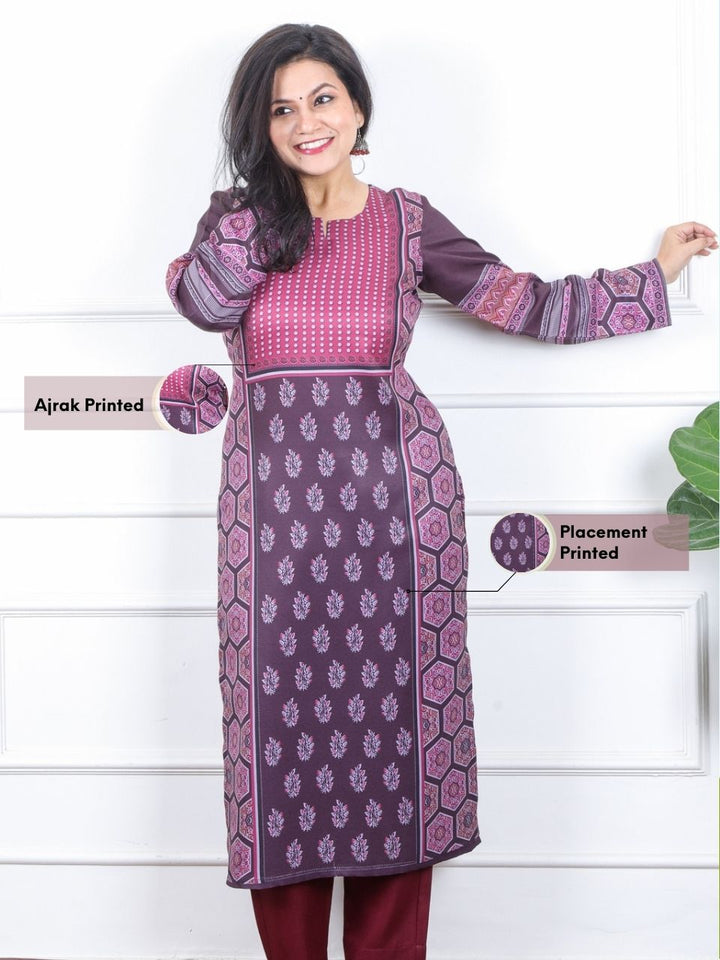 छाया Violet Purple Ajrak Placement Print Semi Pashmina Winter Kurti