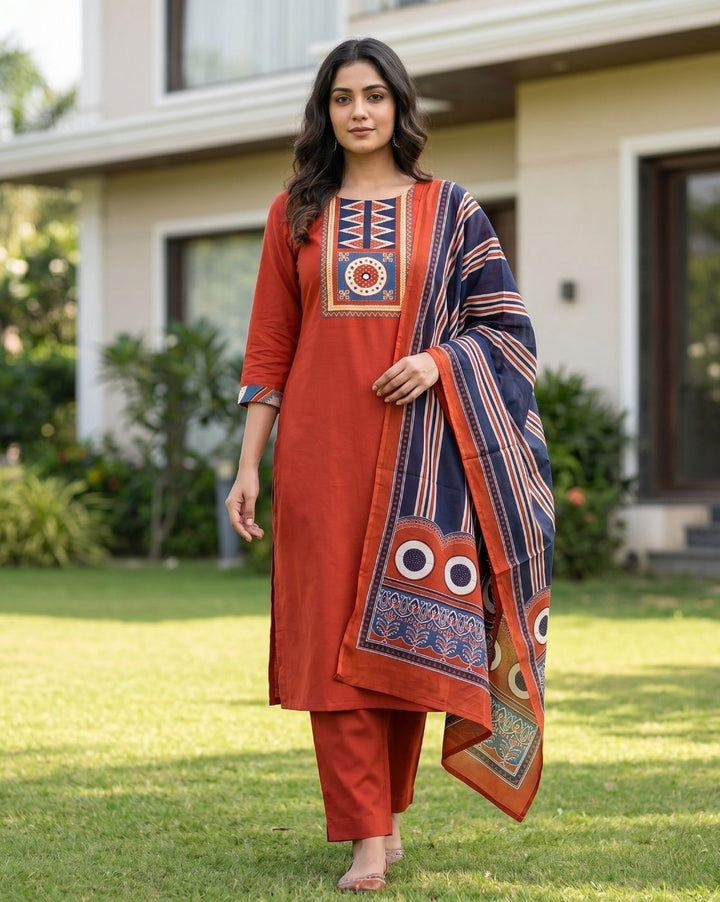 Anisa Tomato Red Ajrakh Printed Yoke with Mirror Cotton Set
