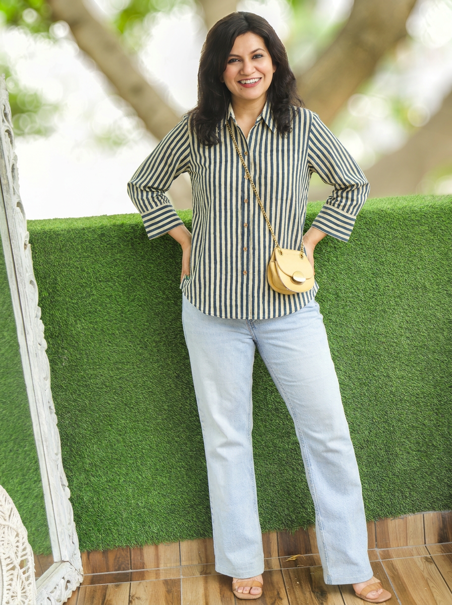 Himani Black White Stripe Print Wood Button Cotton Shirt