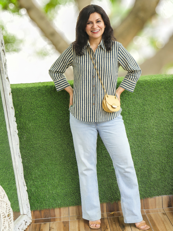 Himani Black White Stripe Print Wood Button Cotton Shirt