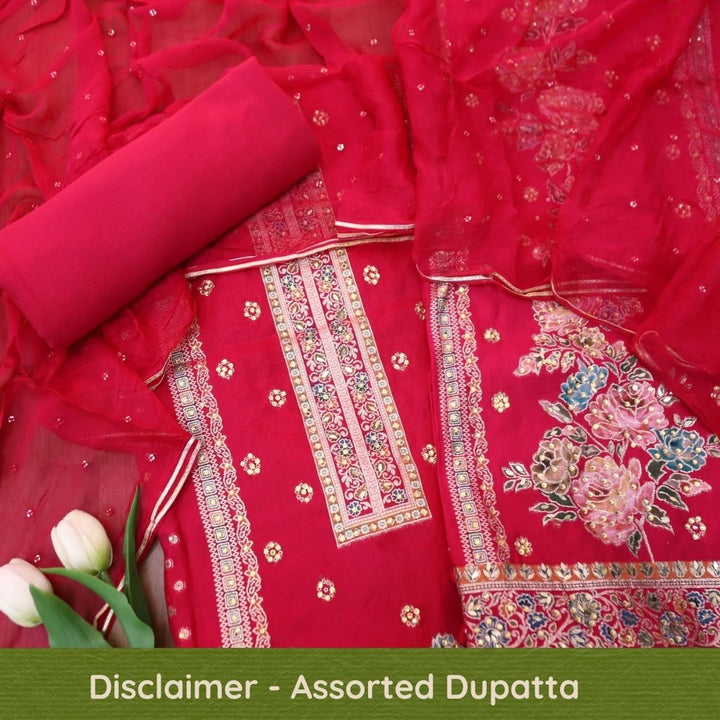 Saundarya Rani Pink All Over Zari Work with Jacquard Weaved Dola Silk Suit Set