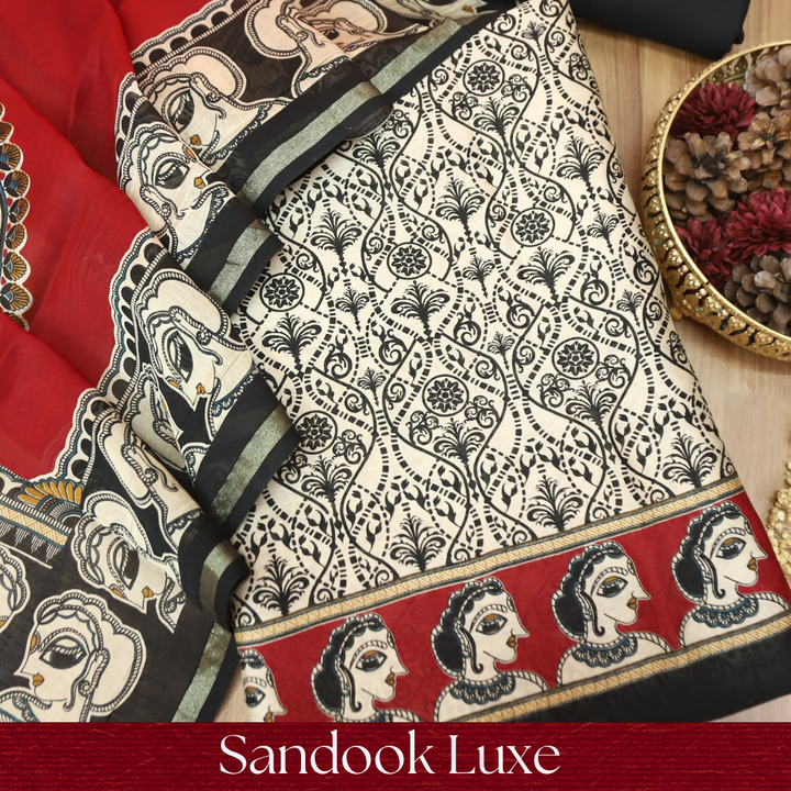 Parineeti Shell Beige with Red Kalamkari Print Maheswari Chanderi Set