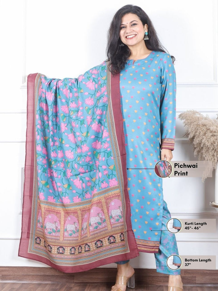 सुनहरी Marine Aqua Pichwai Floral Printed Semi Pashmina Winter Suit 3 Piece Set