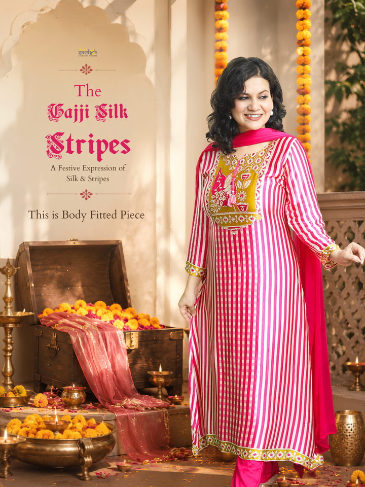 Bilori Pink Peacock Printed Yoke Gajji Silk 3 Piece Set