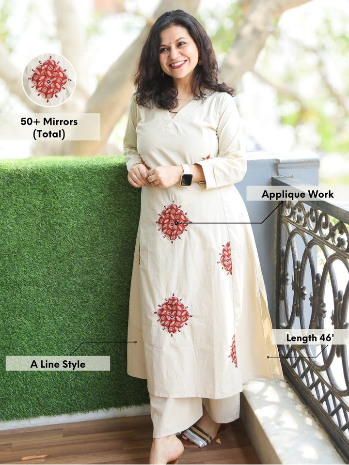 Chanda Creamy White V Neck Applique Work with Mirror Cotton Co-Ord Set