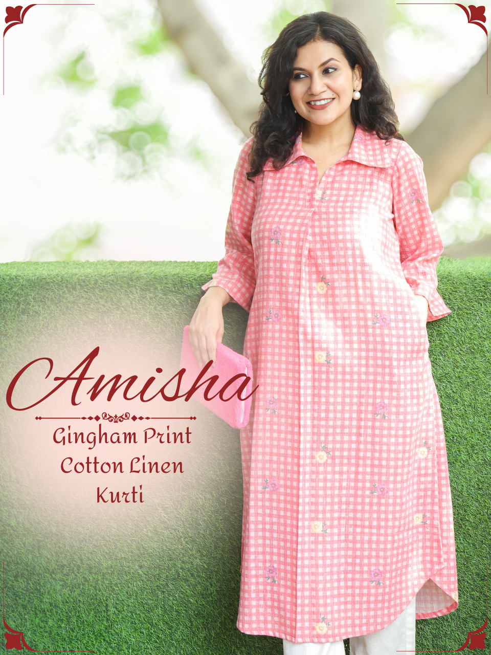 Amisha Candy Pink Gingham Print Cotton Linen Kurti