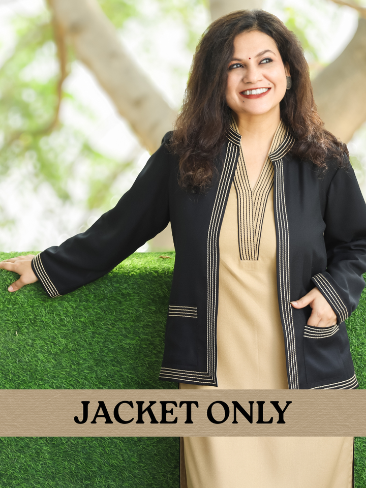 Sejal Night Black Ban Collar Running Stitch Semi Pashmina Jacket with Pocket
