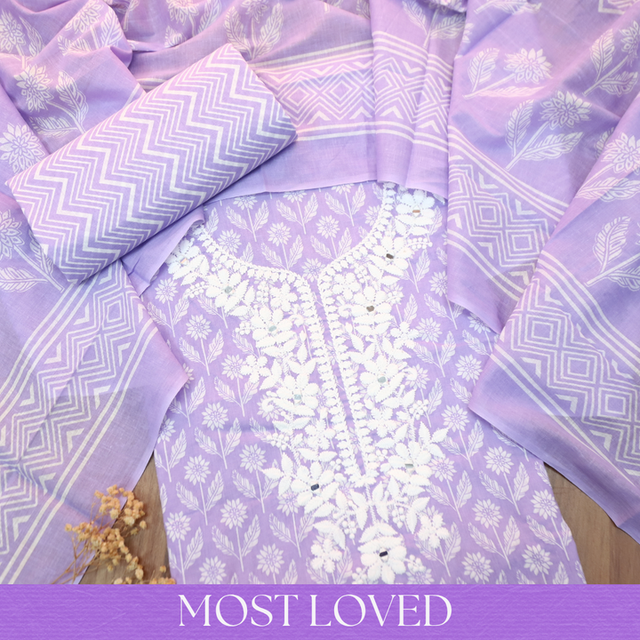 Aaruhi Heliotrope Lilac Chikankari Inspired Neck Printed Cotton Set