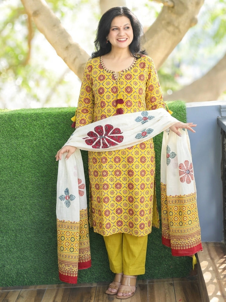 Jessica Dandelion Yellow Ajrak Print Cotton 3 Piece Set