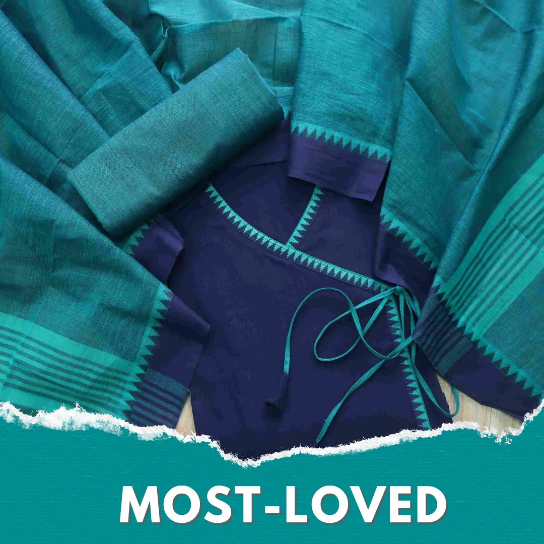 Sanskruti Denim Blue Long Angrakha Style South Cotton Temple Hem Suit Set