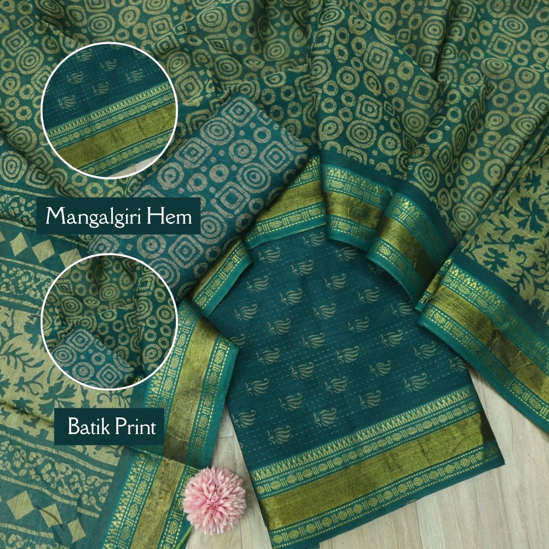 दिपशा Dark Cyan Teal Digital Printed Mangalgiri Hem Work Cotton Suit Set