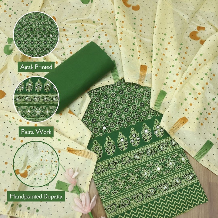 Aayena Kelly Green Patra Detailing in Ajrak Printed Cotton Suit Set-D2