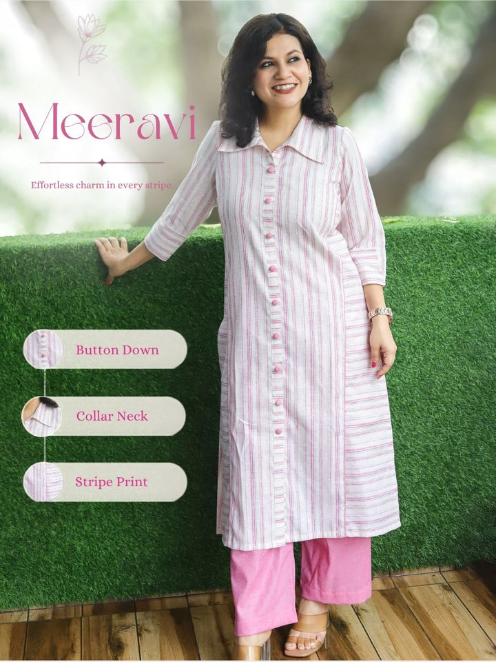 Meeravi White Lilac Stripe Print Cotton Co-ord Set
