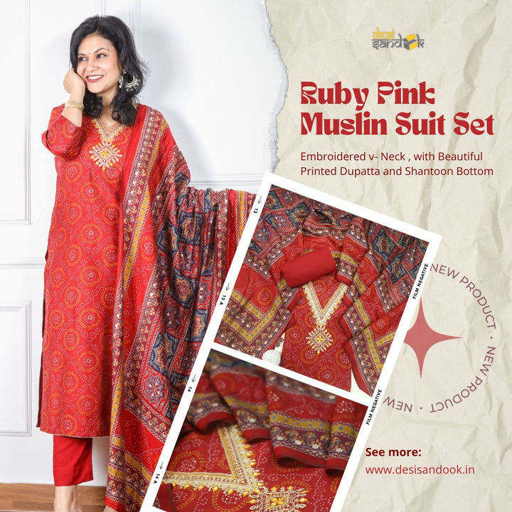 Ehtiyaat Ruby Red V Neck Modal Top With Cotton Silk Dupatta