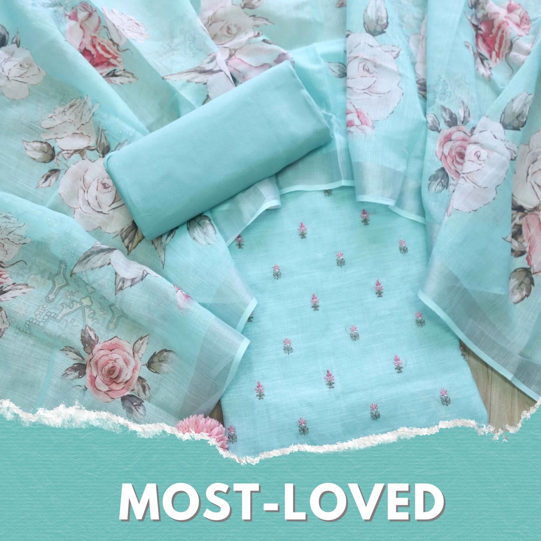 Deedar Aqua Blue Floral Embroidery Buti Work Cotton Linen Suit Set