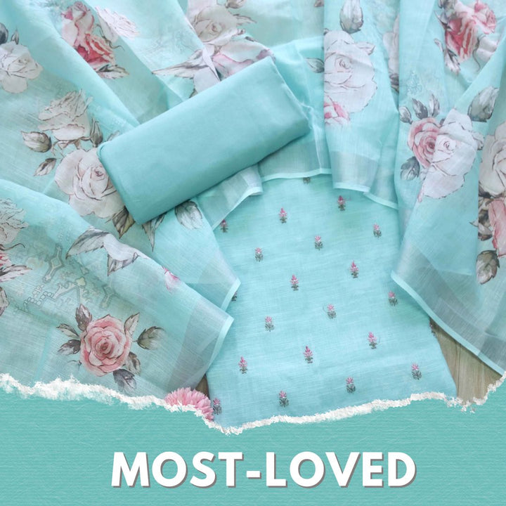 Deedar Aqua Blue Floral Embroidery Buti Work Cotton Linen Suit Set
