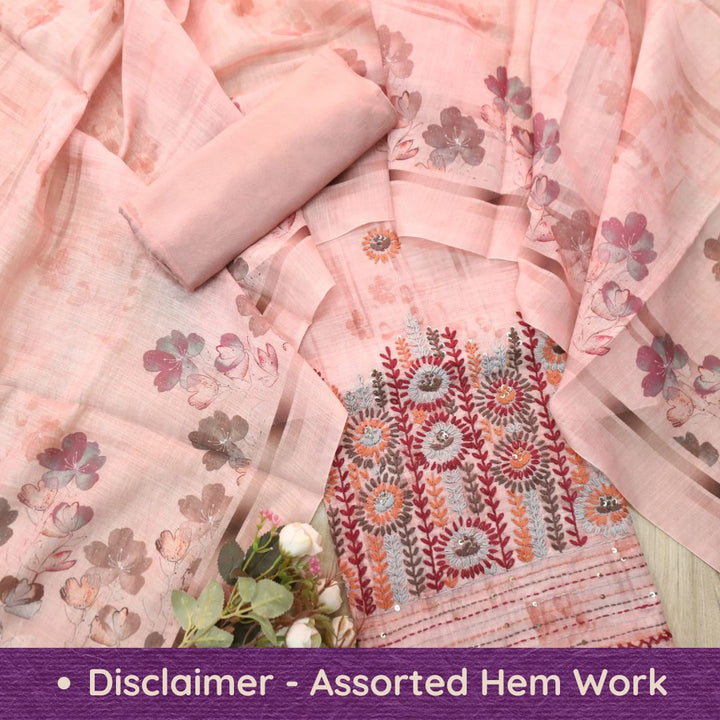 Zulfa Blush Pink Digital Printed Kantha Embriodery Hem Tissue Linen Suit Set