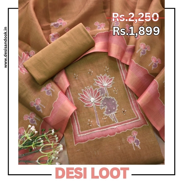Aashiya Peanut Beige Digital Printed with Zari Weaved and Mirror Shimmer Linen Set