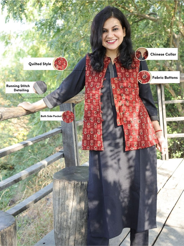 Cherry Red  Ajrak Printed Quilted Cotton Jacket