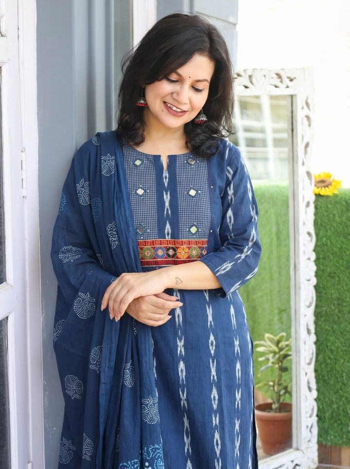 Radhika Navy Blue Mirror Embroidered Cotton 3 Piece Set
