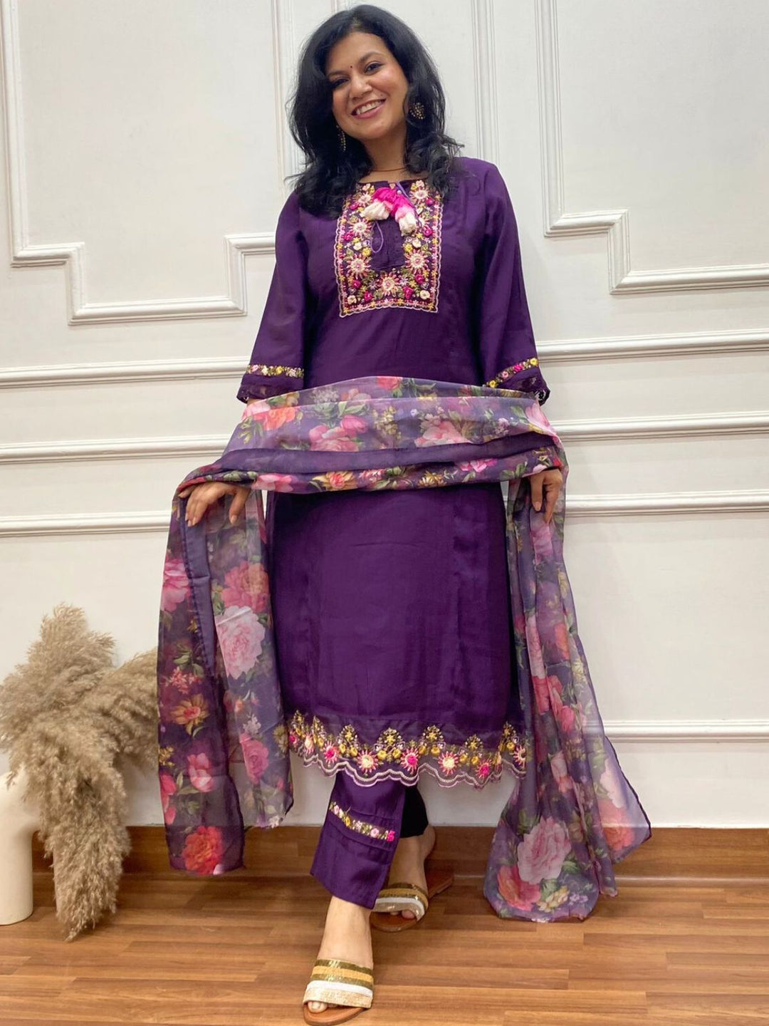 Rayshami Eggplant Purple Embroidered Rayon Crepe Top with Organza Dupatta 3 Piece Set