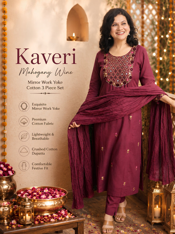 Kaveri Mahogany Wine Mirror Work Yoke Cotton 3 Piece Set