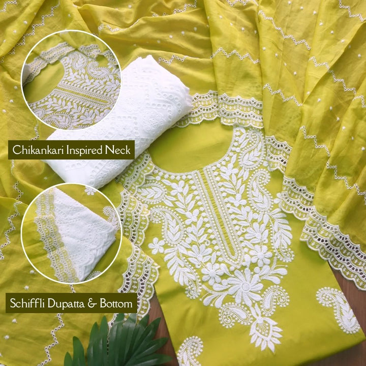 Nadaani Lemon Yellow Chikankari Inspired Neck Thread Work Cotton Suit Set