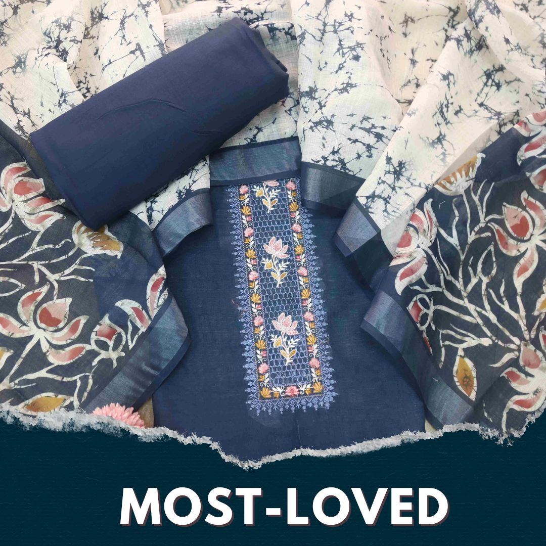 Noorani Navy Blue Thread Embroidered Neck Work Cotton linen suit Set