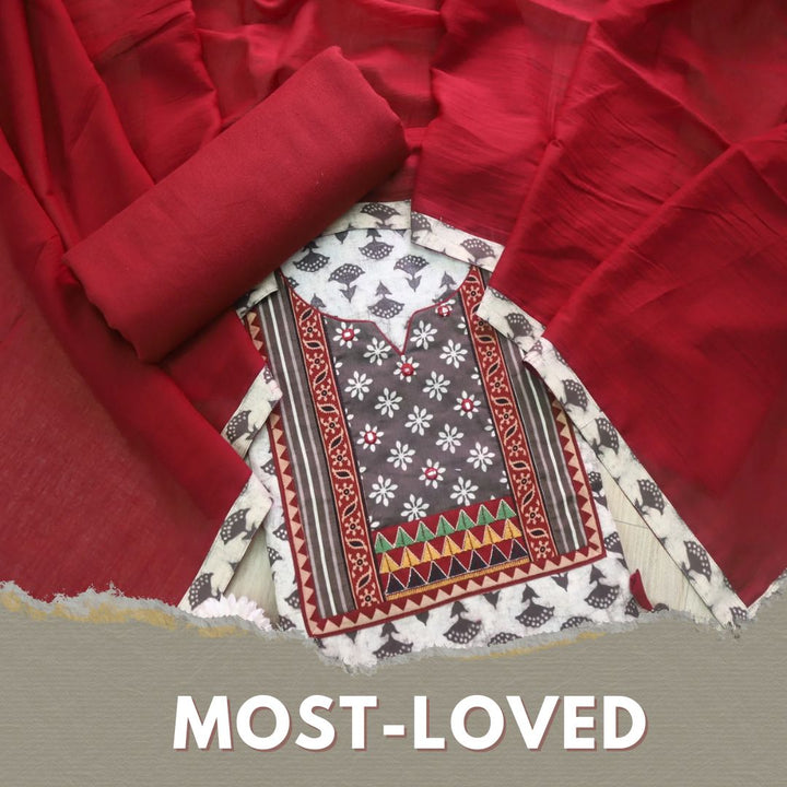 Sulari Latte Tan Beige Mirror Work Kutch Fusion Neck Cotton Suit Set