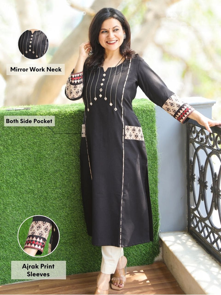 Aafeemi Midnight Black Mirror Neck Work with Pocket Cotton Kurti