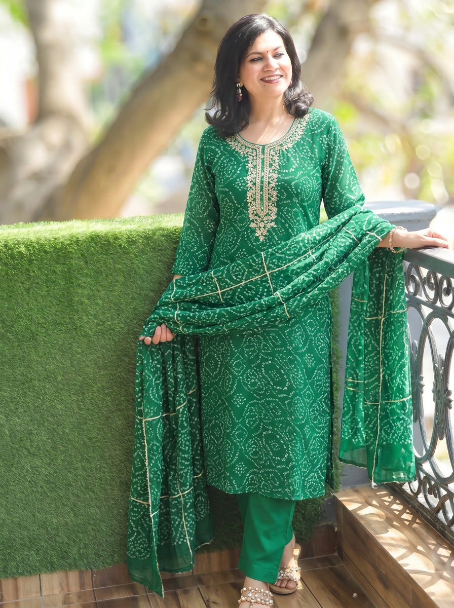 Bahaar Green Embellished Bandhani Georgette 3 Piece Set