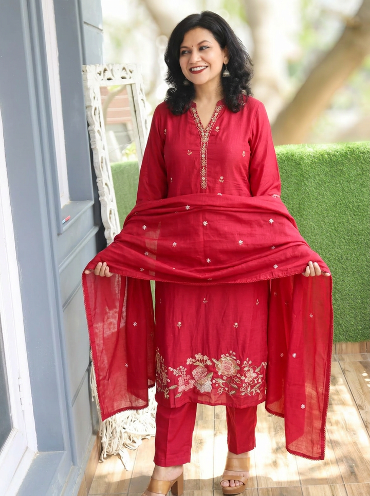 Rimjim Berry Red Embroidered Hem Mul Cotton Set
