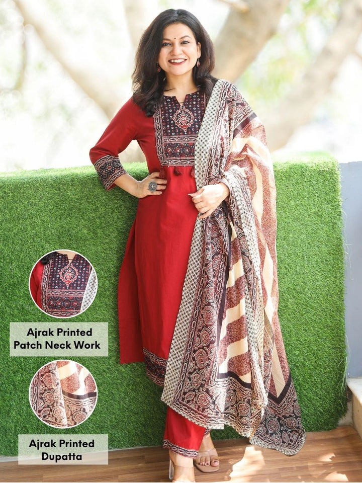 Roobi Maroon Red Ajrak Printed Patch Neck Work Cotton 3 Piece Set
