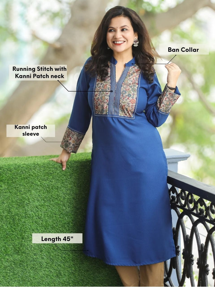 Kanakshi Marine Blue Running Stitch in Kanni Patch Neck Semi Pashmina Winter Kurti