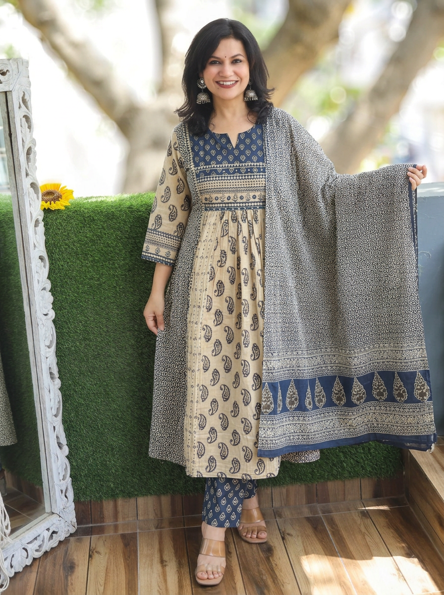 Parineeti Beige Blue Panel Style Cotton 3 Piece Set