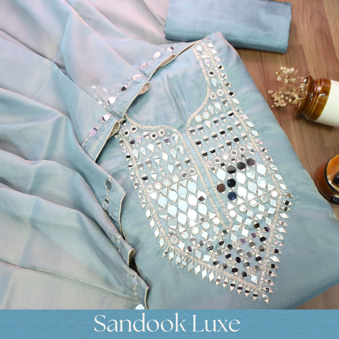 Nandini Ice Blue Zari with Mirror Work SHimmer Tissue Linen Set